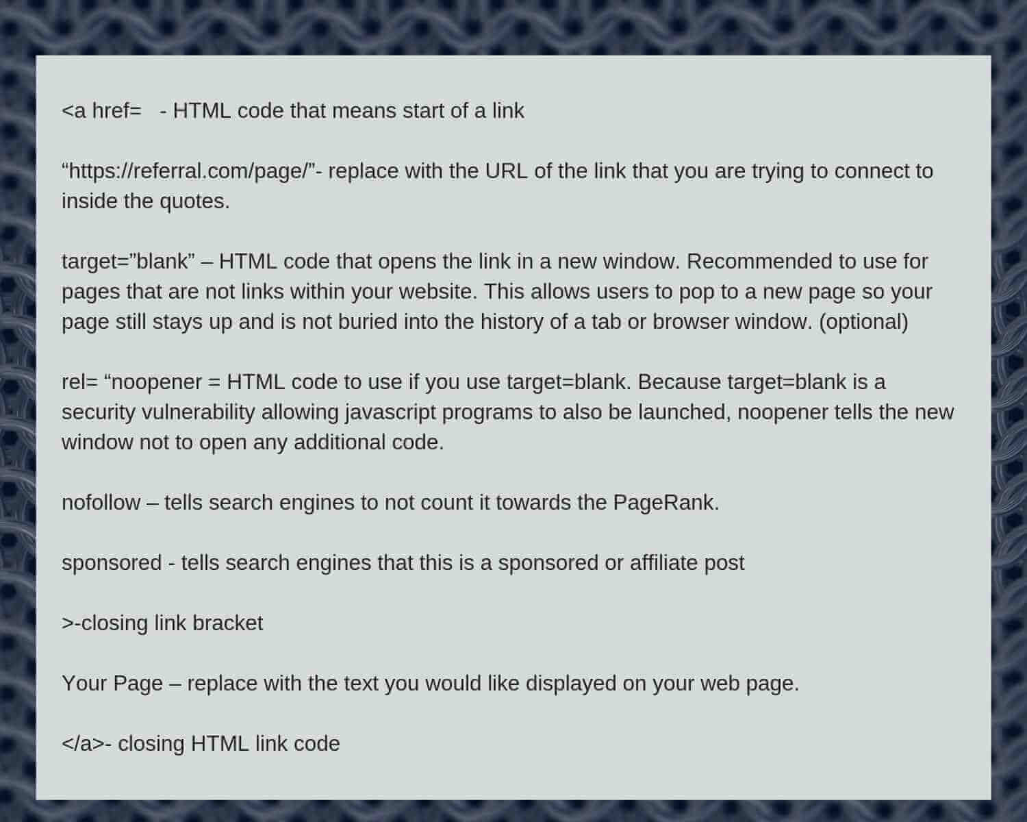 Google’s new nofollow link tags -break down of the html structure of a sponsored html link