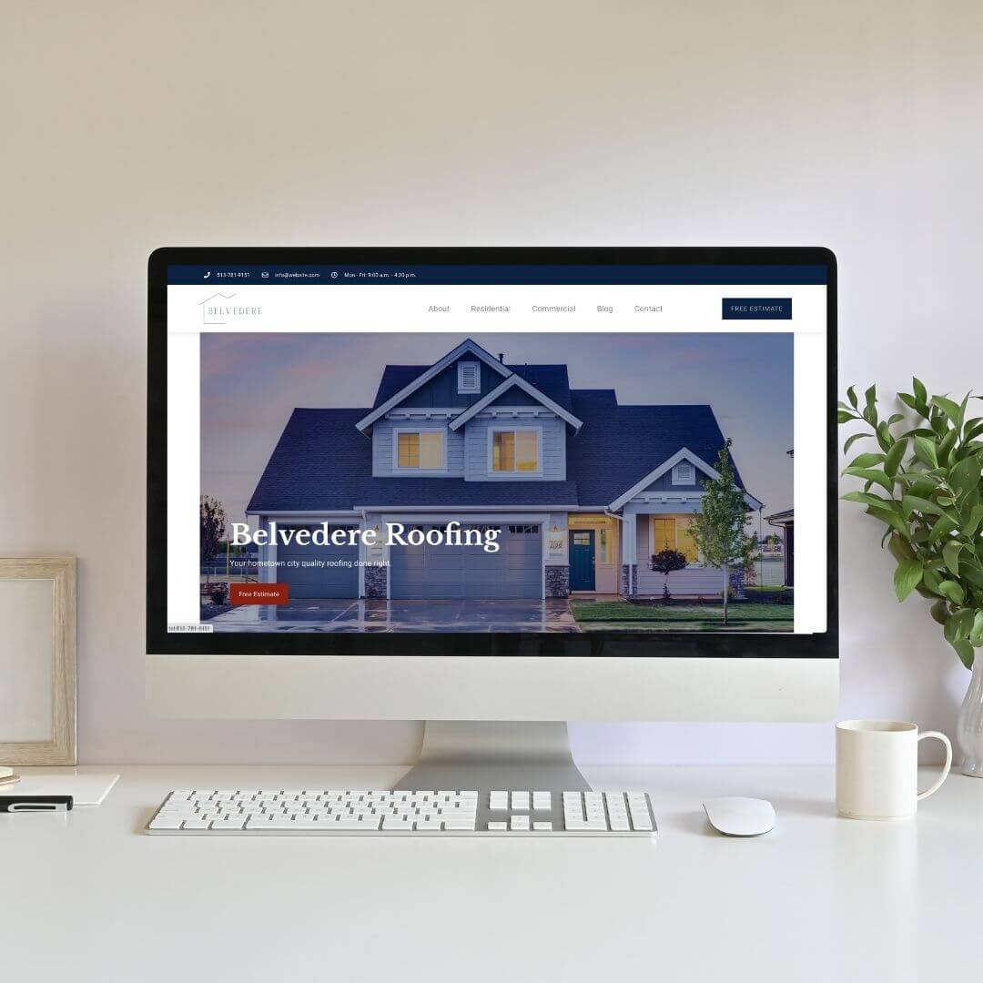 Cincinnati Web Design, Cincinnati SEO, and Cincinnati Shopify - desktop computer of Belvedere roofing website